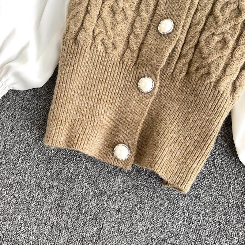 Dizainas ilgomis rankovėmis susiuvimo retro twist megztiniai megztinis krūtinėmis slim trumpas viršūnes moterų pavasario sluoksniuotos rankovėmis megztinis