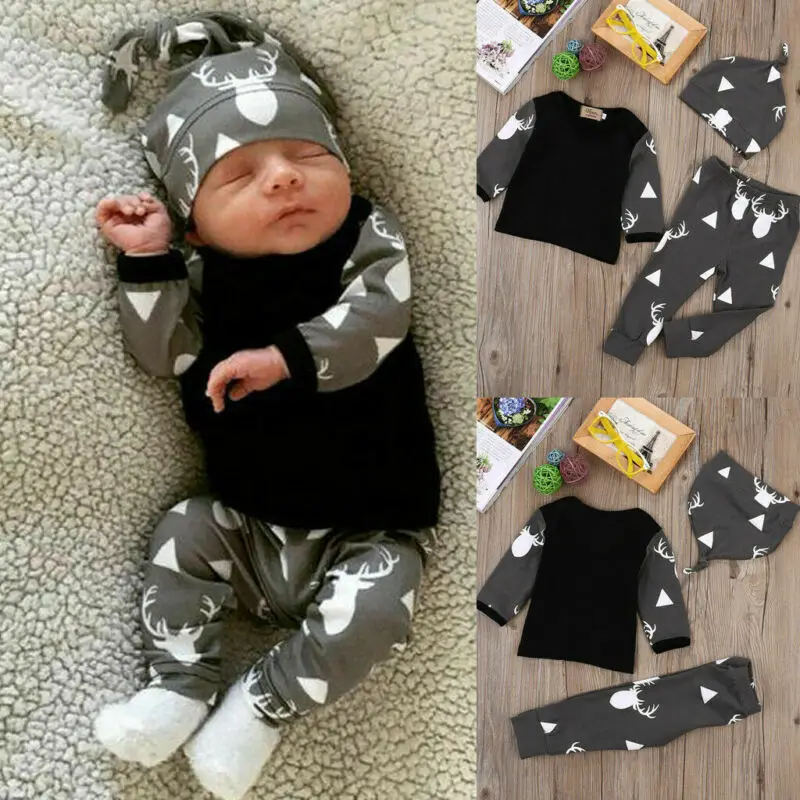 Naujagimio Mergaitė Berniukas Elnias T-marškinėliai+Kelnės Skrybėlę KALĖDOS Pižama Sleepwear Komplektai Rinkinys