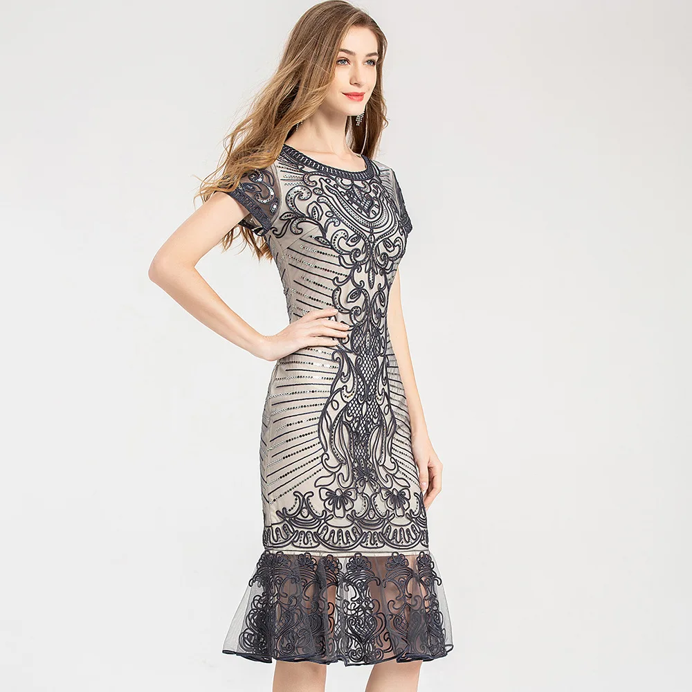 Plius Dydžio, Išsiuvinėti Elegantiška Suknelė Ponios Temperamentas O Kaklas Trumpas rankovėmis Moterų Suknelės, Vasaros 2020 M. Aukštos kokybės Mermaid Dress