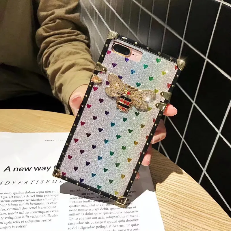 Karšto 3D Prabangus Diamond Bičių Metalo Meilės Vaivorykštė Blizgesio Silikoninis telefono dėklas skirtas iphone XS MAX X XR 12 11 7 8 plius 