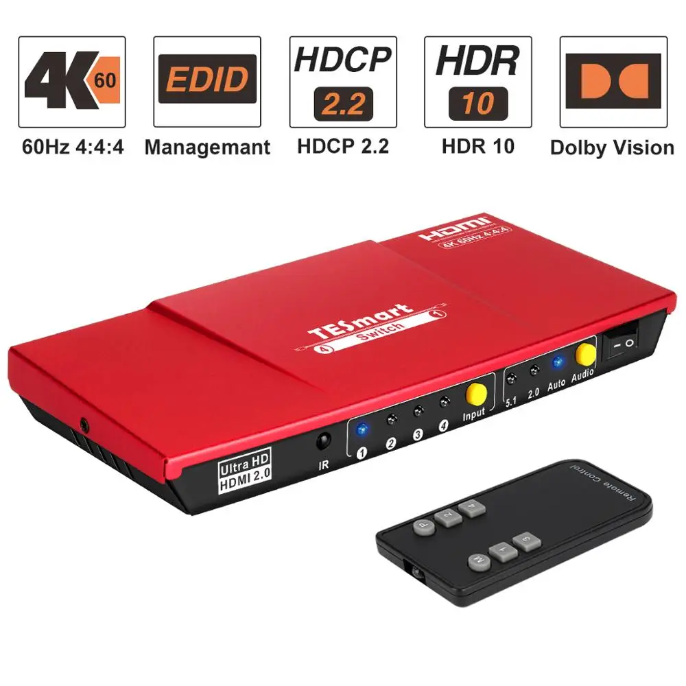 HDMI Jungiklis 4 In 1 su S/PDIF ir L/R Garso Išvesties Palaikymas HDTV 4K@60Hz 4:4:4 IR Nuotolinio Valdymo