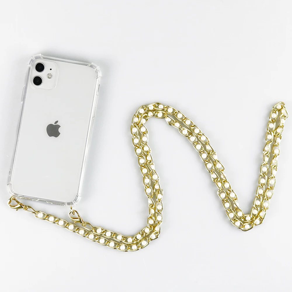 Prabanga Skaidrų Perlų dirželis Grandinės Karoliai Mobilųjį Telefoną Atveju iPhone, 11 pro 7 8 6s 6P XR XS Max Minkštas Viršelis su Metaliniu Dirželiu