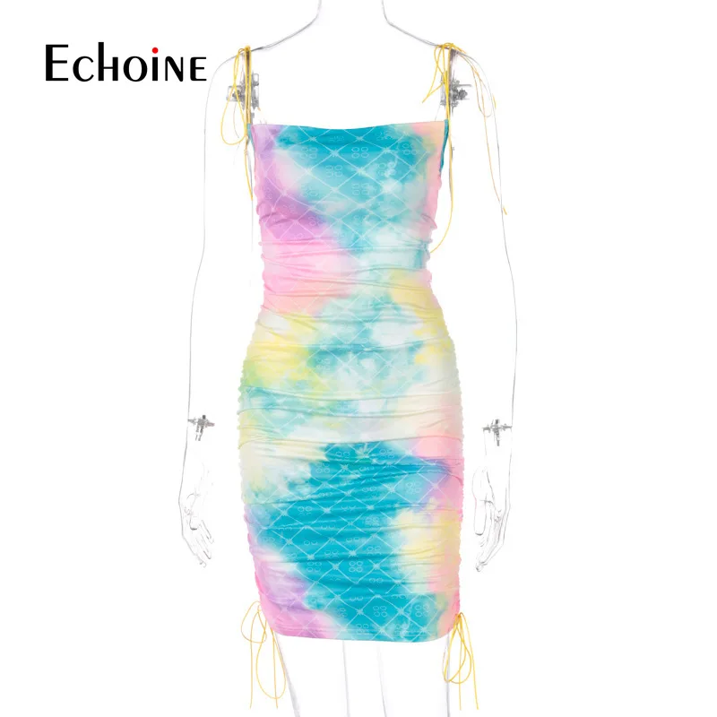 Echoine tie dažai spausdinti rankovių tvarstis seksualus Bodycon slydimo mini suknelė moterims vasaros Backless mados streetwear komplektus sundress