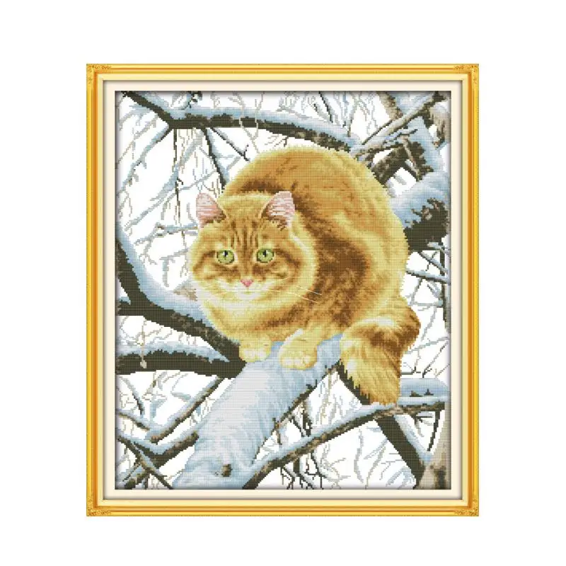 Riebalų katė ant medžio kryželiu rinkinys 14ct 11ct prieš antspaudu drobė siuvinėjimui 