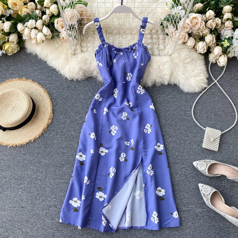 2020 metų Vasaros naujas berankovis gėlių spausdinti suknelės saldus spageti ilgos suknelės paplūdimio drabužiai padalinta vestidos kleid skraiste