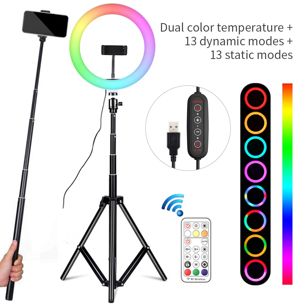16 Spalvų RGB Žiedas Lempos 26cm LED Selfie Šviesos Žiedas su Trikoju Profesija Ringlight už TikTok 