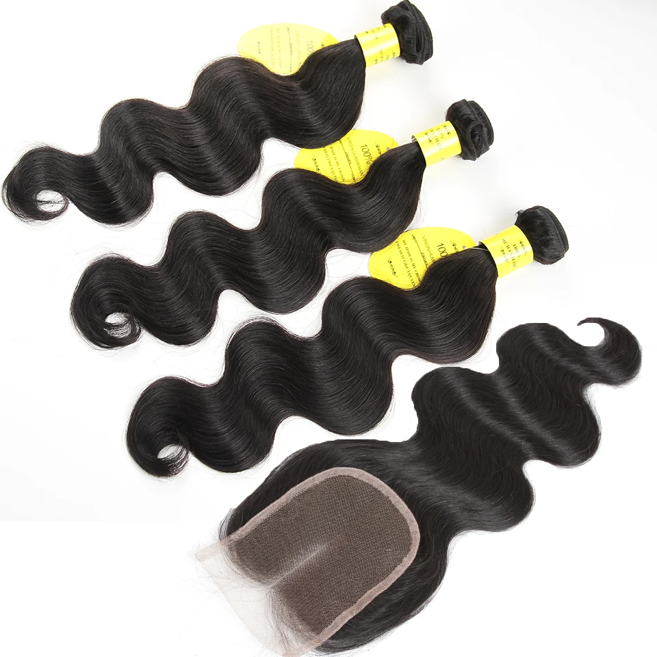 QueenLike Plaukų Produktų, Nekilnojamojo Žmonių Plaukų Ryšulius Su Uždarymo Spalvos 1B Ne Remy 3 Brazilijos Kūno Bangų Paketų Su Uždarymo