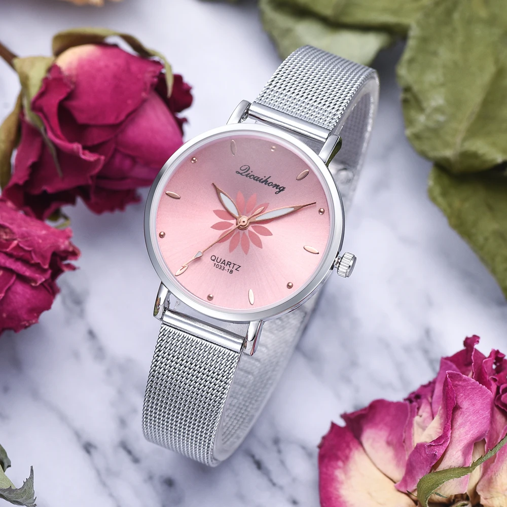 Moteriški Laikrodžiai Prabangus Sidabro Populiarus Pink ryšys Gėlės Metalo Ponios Apyrankę Kvarcinis Laikrodis Mados moteriški laikrodžiai