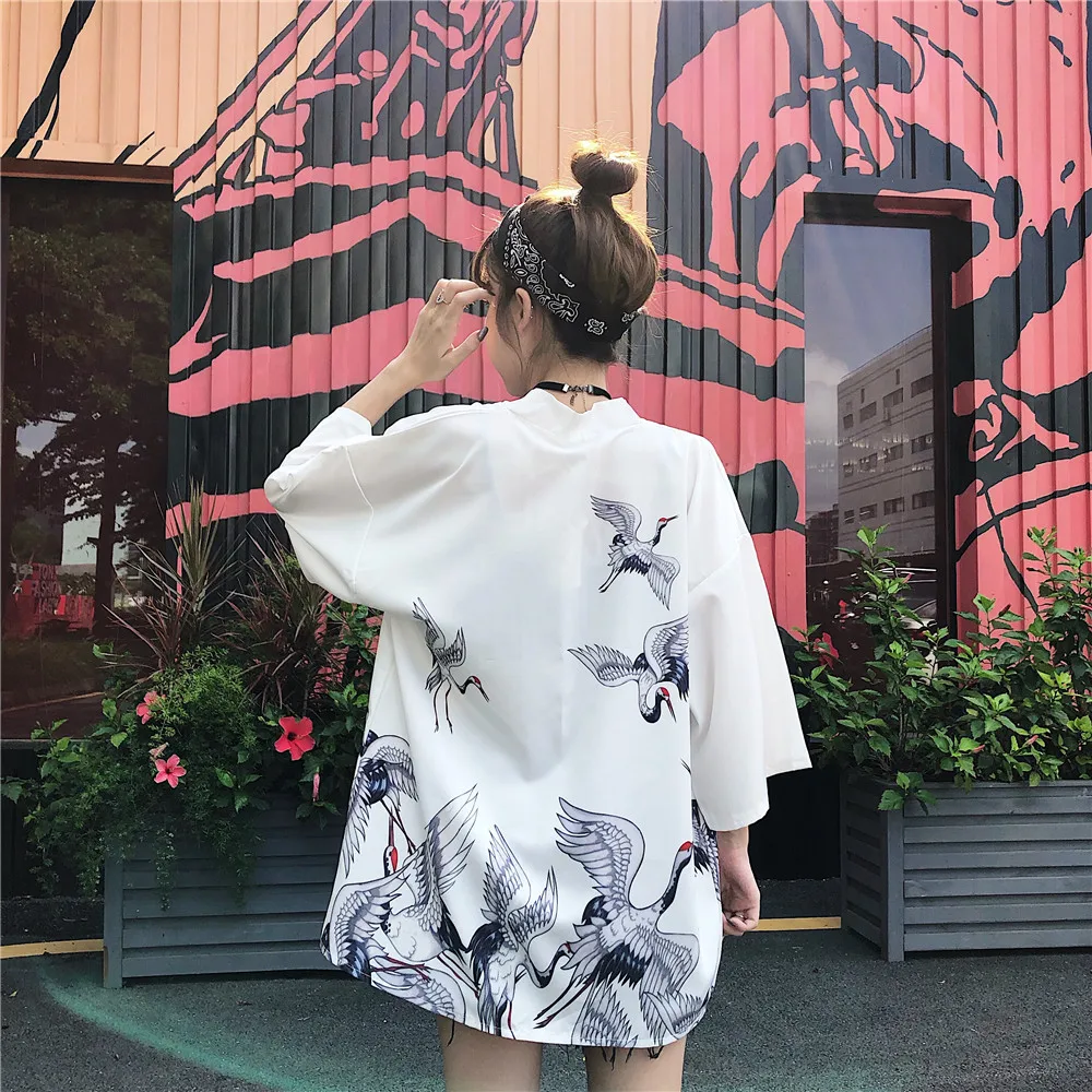 2020 Ins KARŠTO Kinų Stiliaus Balta Juoda Krano Spausdinti Laisvi Vasarą Moterys Harajuku Japonijos Mados Kimono Megztinis Azijos Drabužiai
