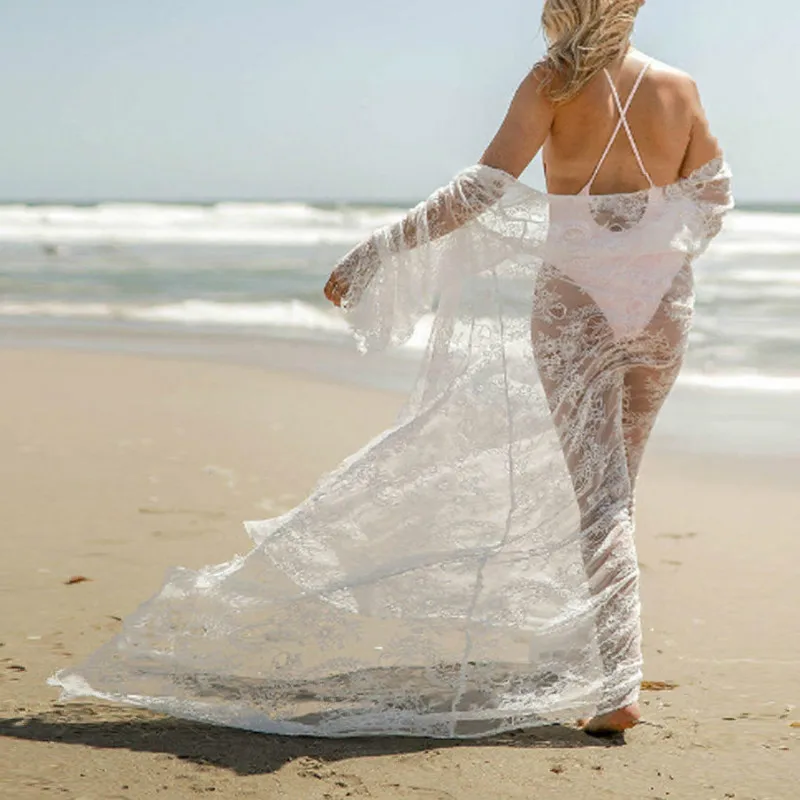 Nauja Vasaros Maudymosi Kostiumėlį, Nėriniai Tuščiaviduriai Nėrimo Paplūdimio Bikini Padengti Iki Ilgomis Rankovėmis Moterims Topai Paplūdimio Suknelė Balta Paplūdimio Tunika Marškinėliai