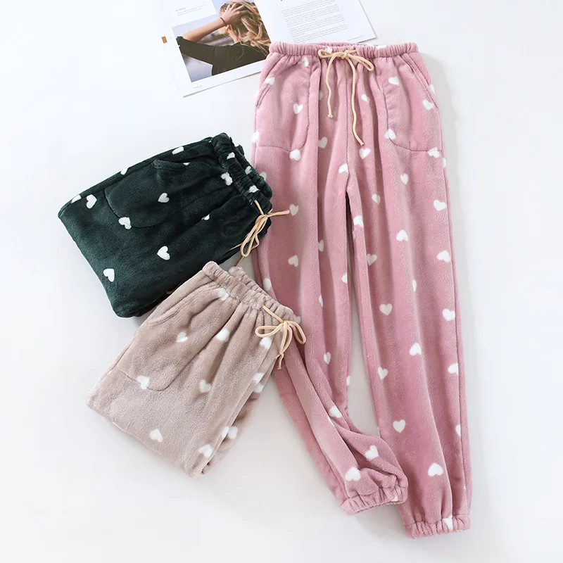 Žiemos Kelnės Moterims Flanelė Namų Drabužių Pink Star Spausdinti Kelnės Plačios Kojos Saldus Pajama Kelnes Didelio Dydžio Tirštėti Šiltas Sleepwear