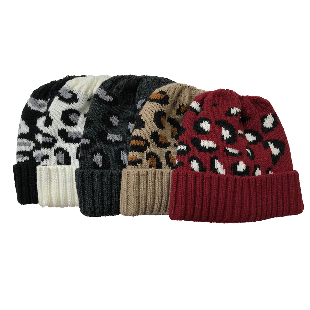 Moterų plaukai surišti į uodegą Beanie Skrybėlių, Mados Žiemą Šiltas Leopard Kaukolė Dangtelis su Nepatogus Bun Skylę