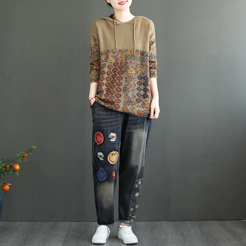 Naujas Kinų Dizaineris Žiemos Moterų Ponios Megztinis su Gobtuvu Puloveriai Spausdinti Megzti Kalėdų Viršūnes Vintage Drabužiai Plius Dydis