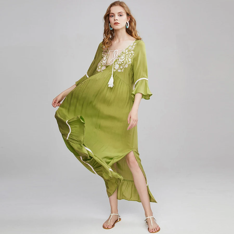 TEELYNN žalia tunika suknelės moterims, vestidos derliaus gėlių siuvinėjimas v-kaklo blyksnius rankovės kutas vasaros suknelė paplūdimio maxi suknelės