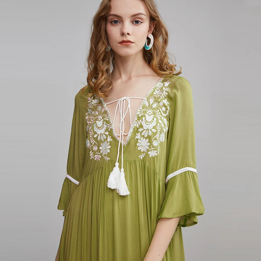 TEELYNN žalia tunika suknelės moterims, vestidos derliaus gėlių siuvinėjimas v-kaklo blyksnius rankovės kutas vasaros suknelė paplūdimio maxi suknelės