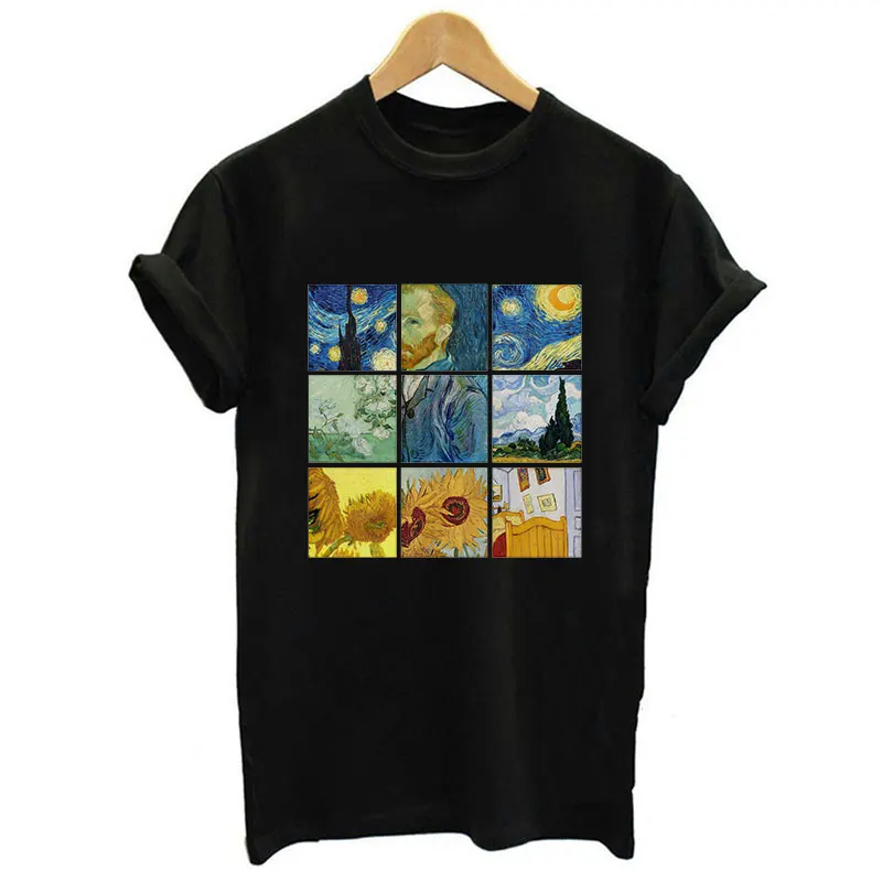 Nauja Vasaros Trumpas Rankovės O-kaklo Moterims Palaidinės Van Gogh Spausdinti Juodi Marškinėliai Moterims Atsitiktinis Viršūnes Harajuku Tumblr Palaidinės 30 Spalvų