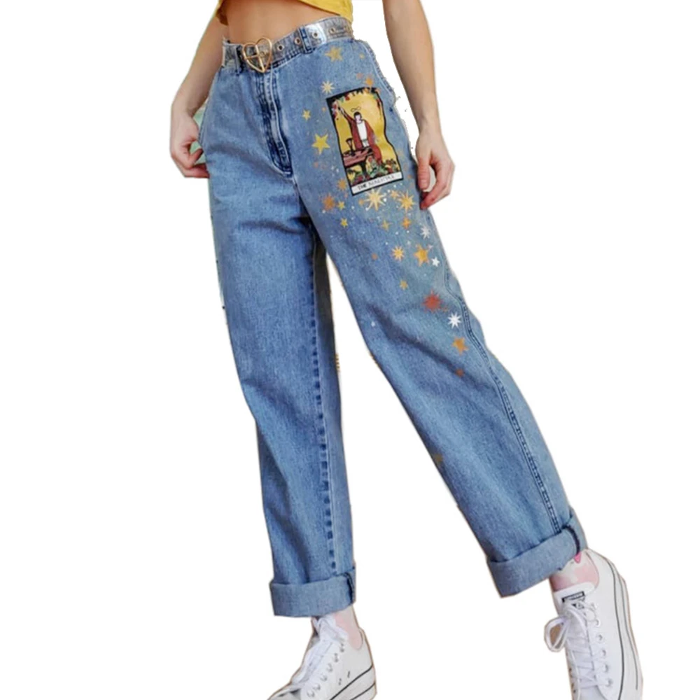 Missnight 3XL Grafinis Spausdinti Džinsai Denim Blue Baggy Jeans Kelnės Moterims Aukšto Liemens Kelnės Streetwear Kišenės Plius Dydis