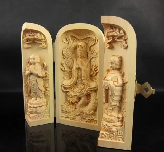 Išskirtinį Kinijos Medienos Shakyamuni Buda Amitabha Kwan-Yin Guan Yin Budos Statula Amuletas Laimingas Langelį.