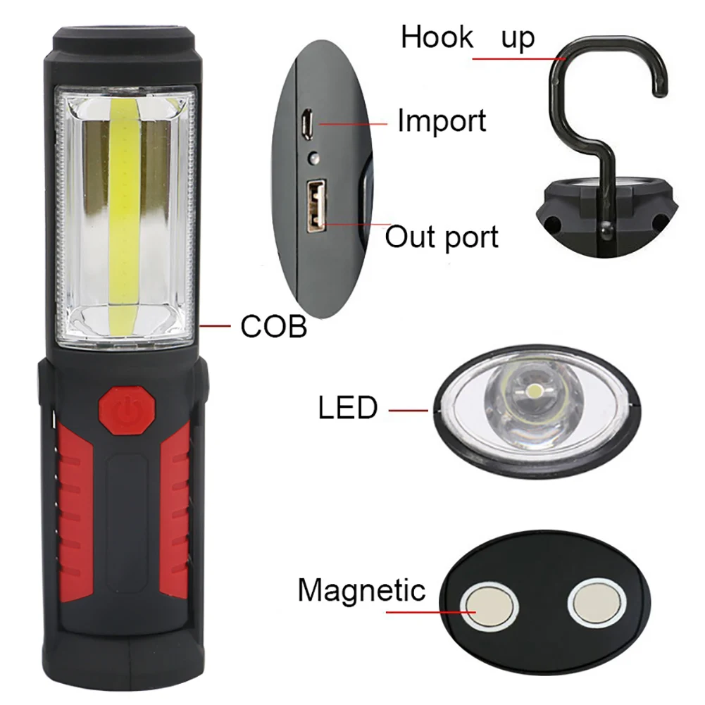 Lankstus USB Įkrovimo COB LED Darbo Šviesos Ranka Fakelas Žibintuvėlis Magnetinio Darbą Lempos Galia Telefono Įkrovimo Lemputė Kempingas Žibintų