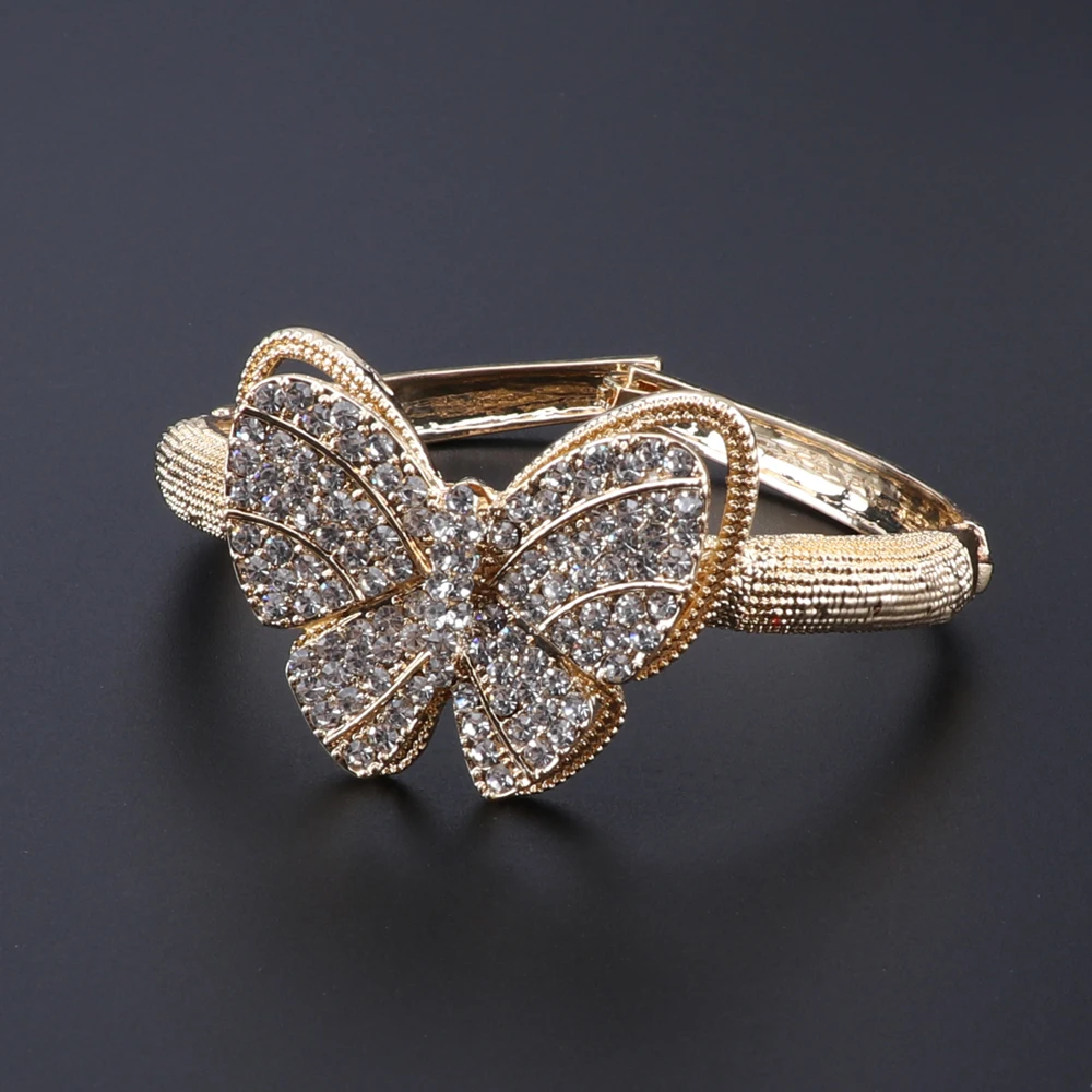 Moterys Afrikos Papuošalų Rinkiniai Aukso Spalva Crystal Butterfly Vestuvių Vestuvių Elegantiškas, Romantiškas Karoliai, Auskarai Bangle Žiedas Rinkinys