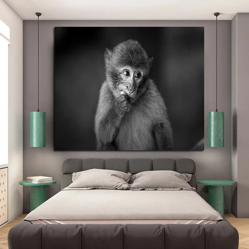 Didelis Gyvūnų Nuotraukos Drobės Spausdintos Tapyba, Modernus Juokinga Valgyti bananų Beždžionė su Ausinių Sienos Meno Plakatas Kambarį
