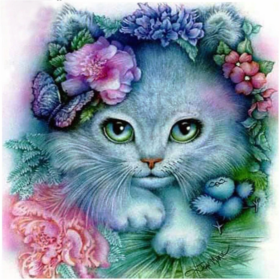 Gyvūnų Katės ir Gėlės Apvalus Deimantas tapyba Visą Deimantų Siuvinėjimo Mozaikos Namų Dekoras, Rankų darbo kačiuko nuotrauką strazdų