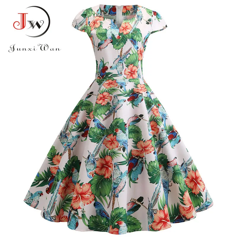 Elegantiškas Gėlių Spausdinti Vintage Suknelė Moterims Vasaros Atsitiktinis-Line Pinup Darbo Biuro Šalis Blyksnius Swing Suknelė Plus Size Vestidos