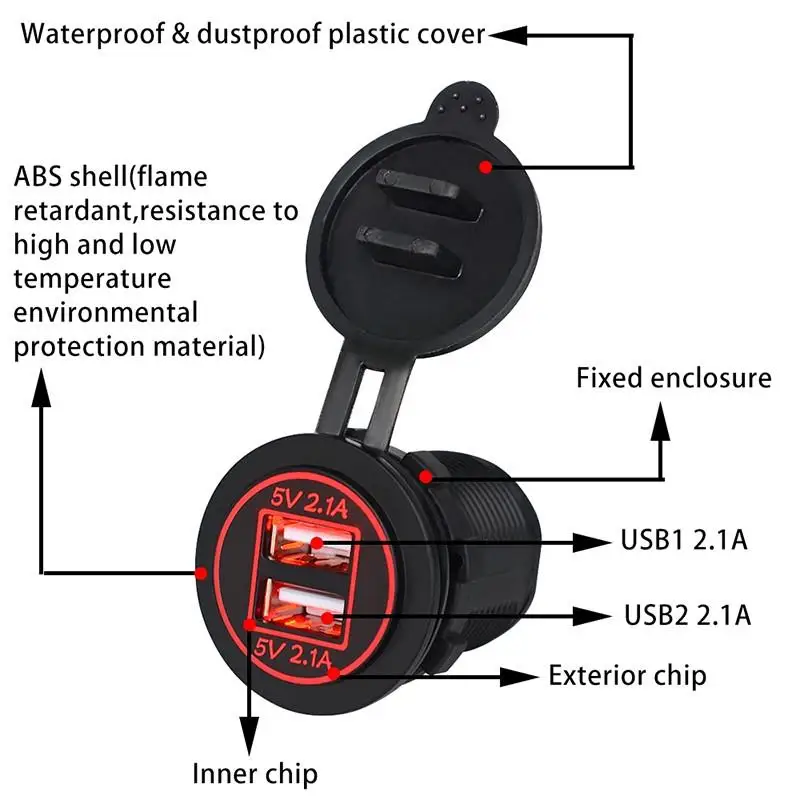 4.2 Automobilinio Įkroviklio LED Light Dual USB Adapteris Su Dulkių Dangtelis Įjungimo Lizdas 12-24V Automobilinio Cigarečių degiklio Motociklas