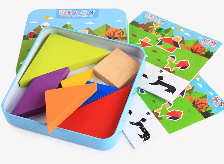 Geležies Dėžutė Medinė Dėlionė Klasikinis Geometrinės Formos Tangram Medinė Dėlionė Vaikams Tangram Dėlionės, Žaislų, Švietimo Dovana DS9