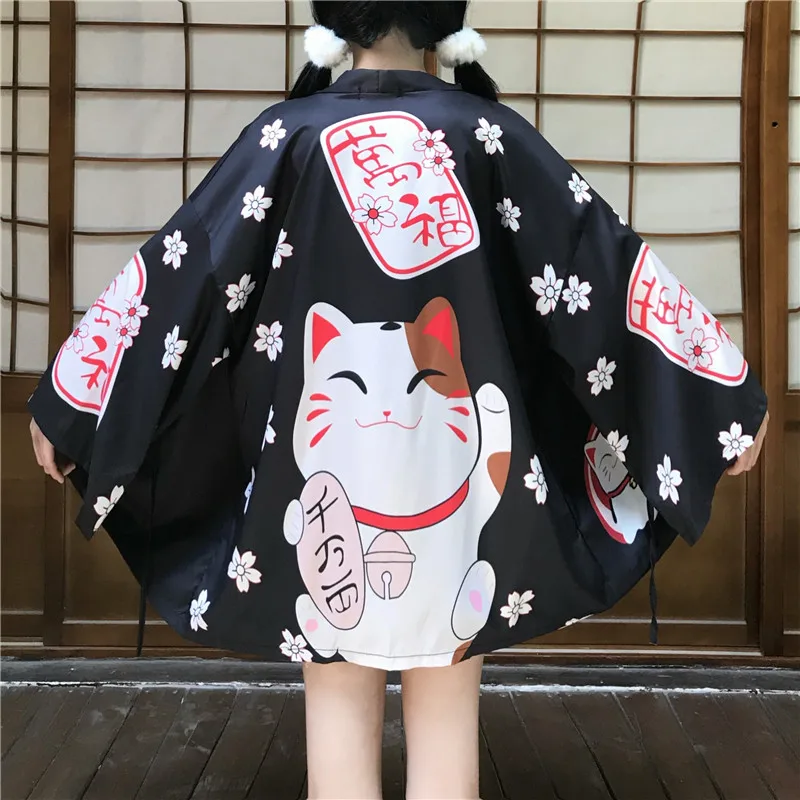 Japonijos Moterys Kimono Megztinis Mielas Animacinių filmų Katės Spausdinti Moterų Viršūnes ir Palaidinės Harajuku Kawaii Nėrinių Iki Paplūdimio Cosplay Marškinėliai