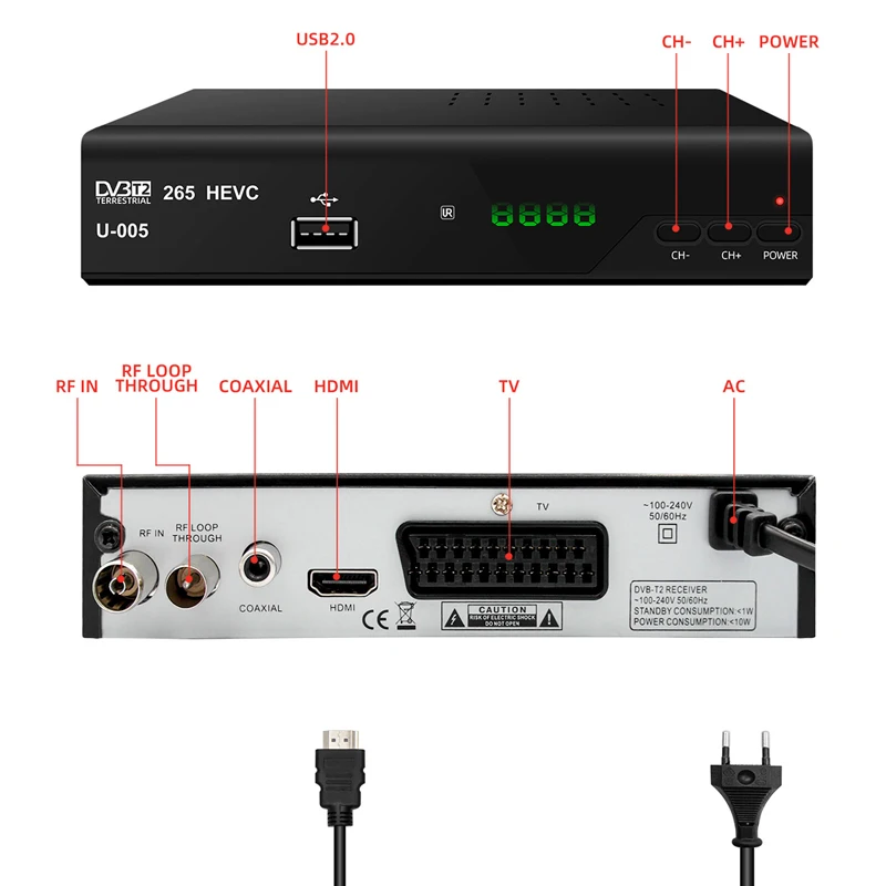 Visiškai DVB-T2 Europoje SCART EAC3 Plius H. 265 HEVC DVB-T2 Decorder TV Imtuvas DVB T2 Transliacijos TV Imtuvas H265 Konverteris Set Top Box