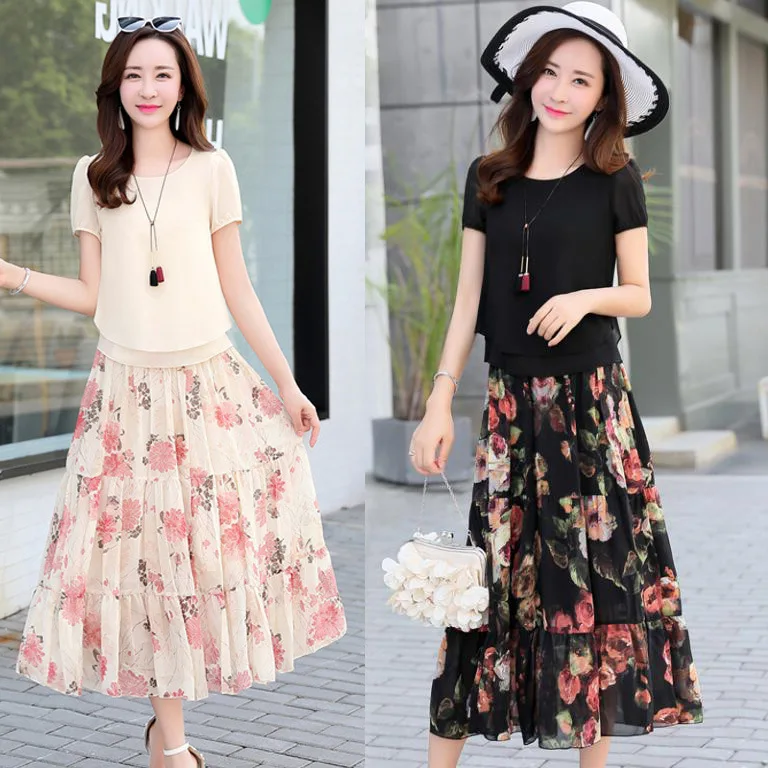 Gėlių, 2 vnt. šluosčių rinkinių vasaros 2019 atsitiktinis 2 vienetų rinkinių moterų plius dydis drabužių šifono sijonas, dviejų dalių komplektus, didelis dydis