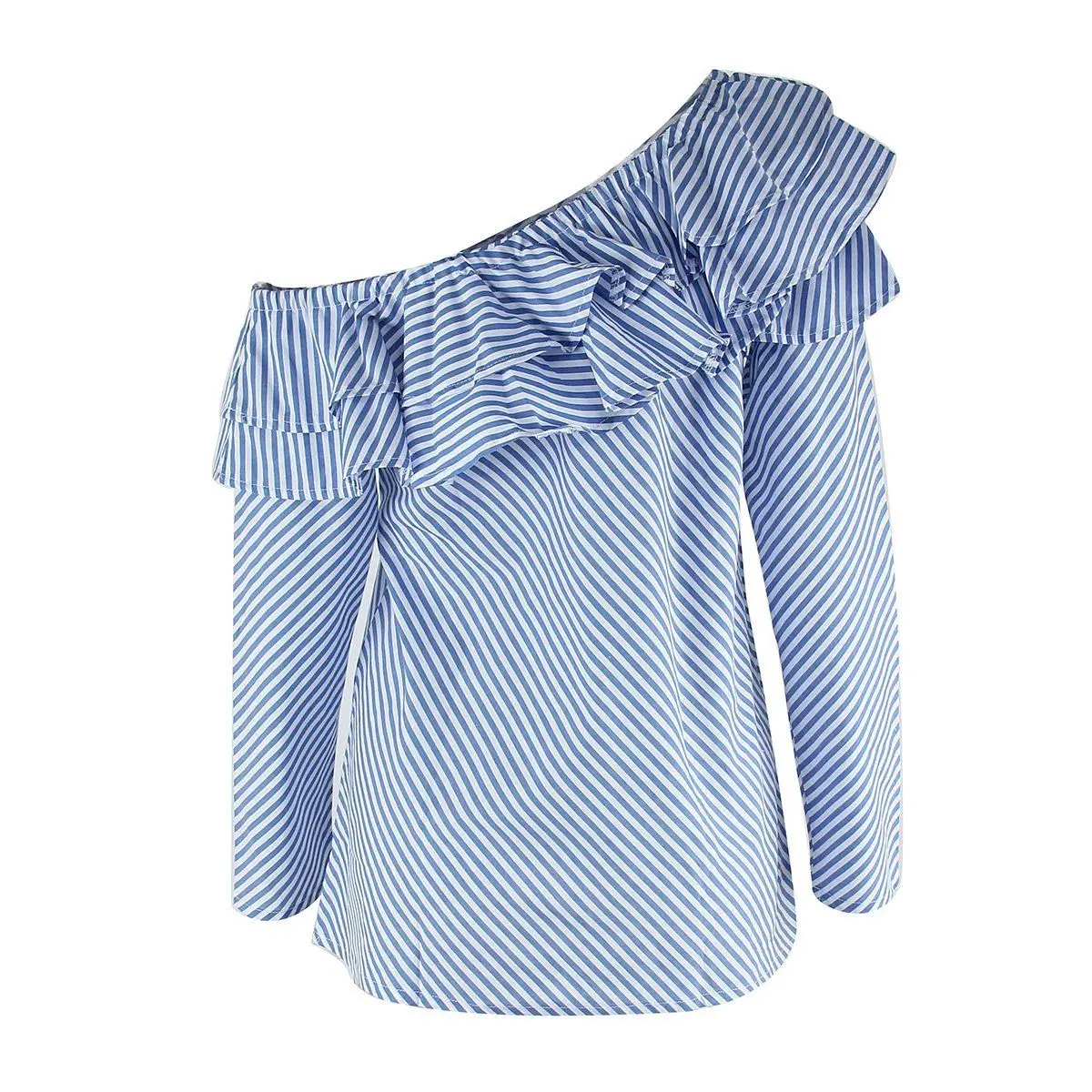 Mados Moteriški mėlyna balta dryžuotas Vieną Petį Palaidinė Raukiniai ilgomis Rankovėmis Atsitiktinis moterų marškiniai, palaidinės viršų plius dydis S-2XL